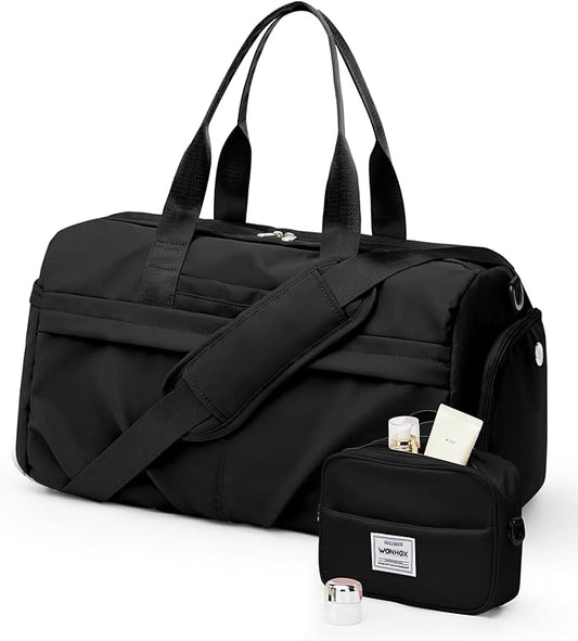 Gym Bag for Women Men, Sport Duffel Bag with Toiletry Bag & Shoe Compartment,Waterproof Travel Weekender Overnight Carry on Bag for Yoga with Trolley Sleeve, Black Set