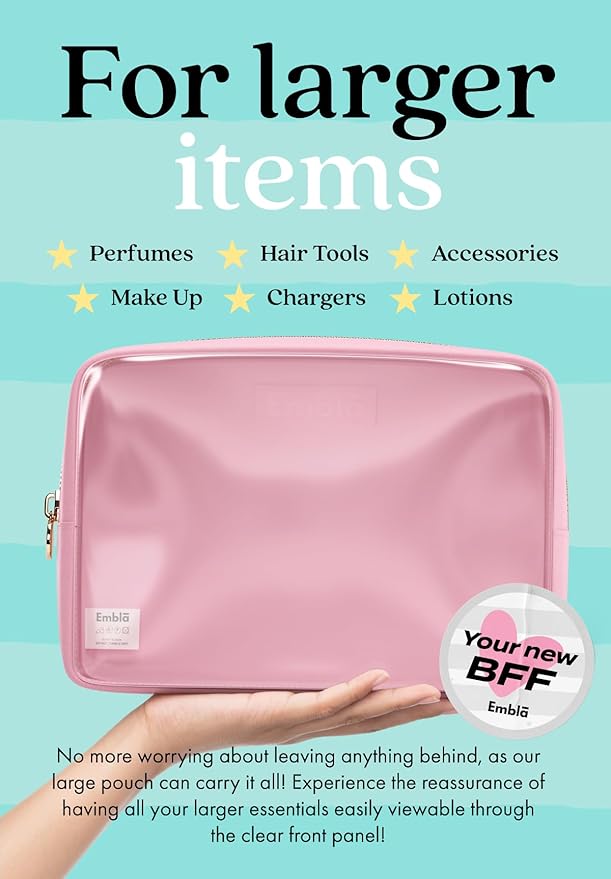 Embla London Makeup Bag Cosmetic Case, Clear Zipper Make Up Pouch and Toiletry Travel Tote, Cute Skincare Pouches for Women Girls, Preppy Purse Cosmetic Organizer, Large Makeup Bags, Flamingo Pink