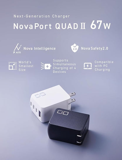 CIO 65W GaN Charger Block, Compact 4-Port Adapter with 3 USB-C Ports & 1 USB-A, Max 67W USBC Fast-Charging Multi-Device Wall Charger Block for Laptop/Phone/Tablet, NovaPort Quad II 67W3C1A (White)