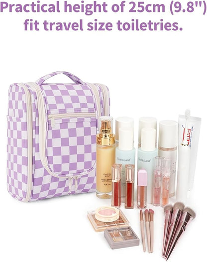 Narwey Small Checkered Hanging Travel Toiletry Bag for Women, Travel Bag for Toiletries, Makeup Bag Organizer Cosmetic Bags Make Up Bags for Women (Purple Checkerboard)