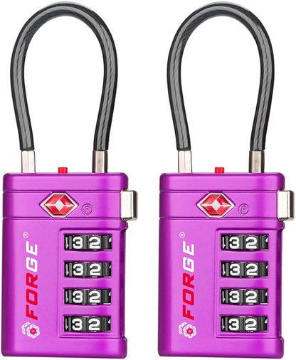 Forge TSA Approved Luggage Locks 4 Digit Combination TSA Travel Locks with TSA008, Open Alert Indicator, Zinc Alloy Body for Luggage, Suitcase, Backpack, and More. Purple 2 Locks.