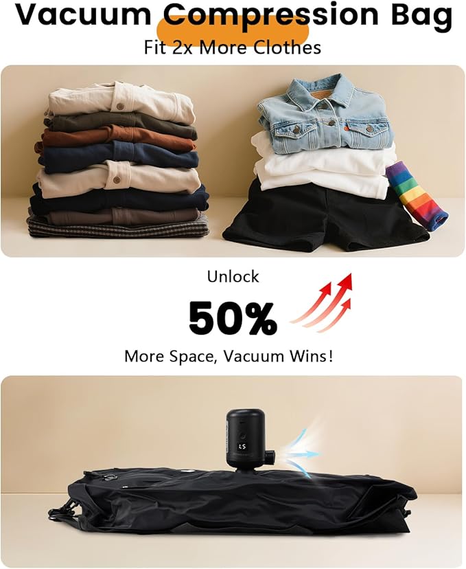 1Pack Vacuum Seal Bags For Clothing Travel With Wireless Pump | Waterproof Reusable Compression Bags with Shoulder Strap for Luggage and Suitcase, Space Saver Vacuum Seal Packing Cubes for Clothes