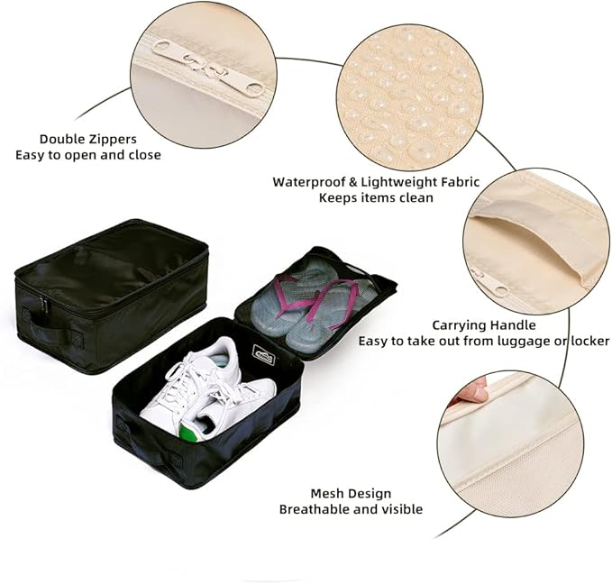 Travel Shoe Bags, Foldable Waterproof Shoe Pouches Organizer-Double Layer (2+2 Black Shoe Bags)