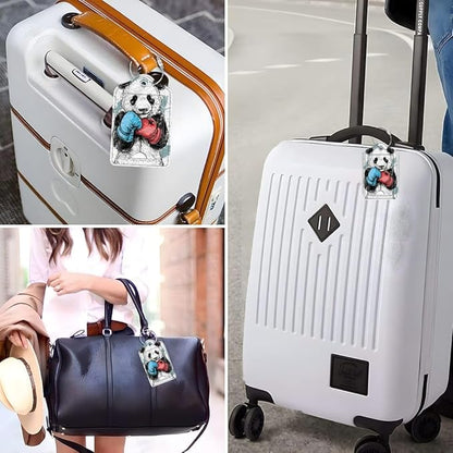 Funny PU Leather Luggage Tags 2-Pack Cool Boxing Panda Cute Pattern Suitable for Suitcase Stainless Steel Loop and Address Card Essential for Cruise and Airport Travel for Men and Women