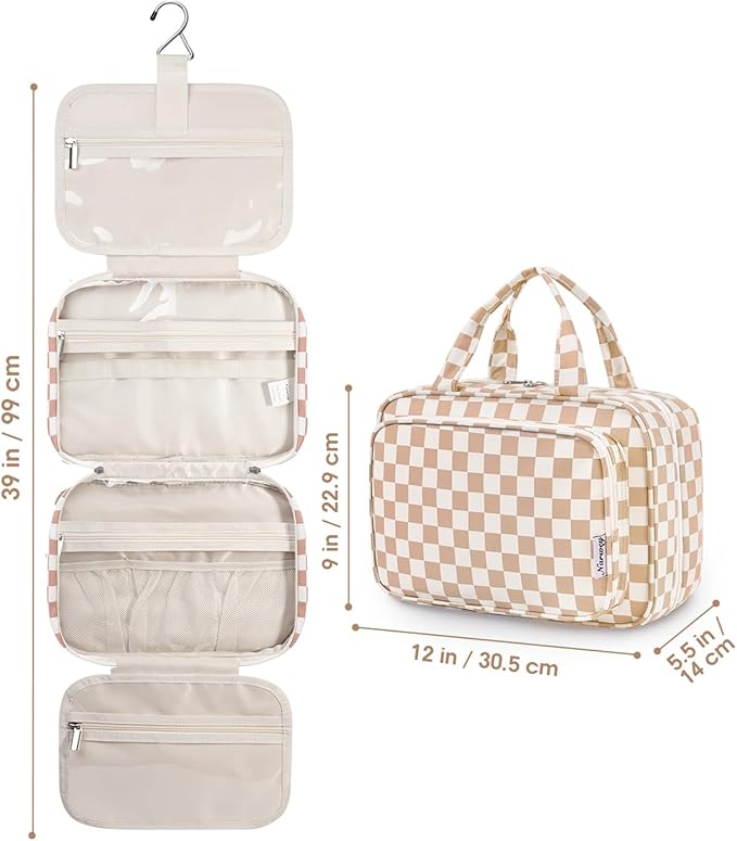 Travel Toiletry Bag for Women Large Hanging Makeup Bag Organizer Toiletries Bag for Full Size Essentials Accessories Cosmetics (Light Checkerboard (Large))