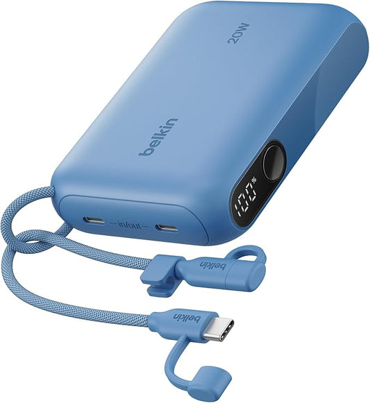 Belkin Portable Charger, Slim USB-C Power Bank 10,000mAh w/ 2 USB-C Ports, Digital Battery Display, 20W Charging Battery Pack - iPhone 17, Air, Pro, Samsung Galaxy S25, Pixel 10, iPad, & More - Blue