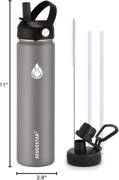 SENDESTAR Stainless Steel Water Bottle, Wide Mouth Water Bottle 24 oz with Straw Lid, Spout Lid, Double Wall Vacuum Insulated Leak Proof, Keeps Liquids Hot or Cold (Graphite)