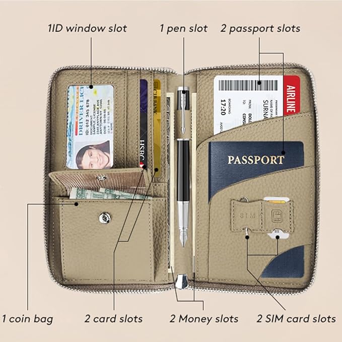 Leather Travel Wallet, RFID passport wallet for travel, with Zippered Pocket and Cash Slot, for Secure Traveling and Documentation Organizer (Eephant Grey)