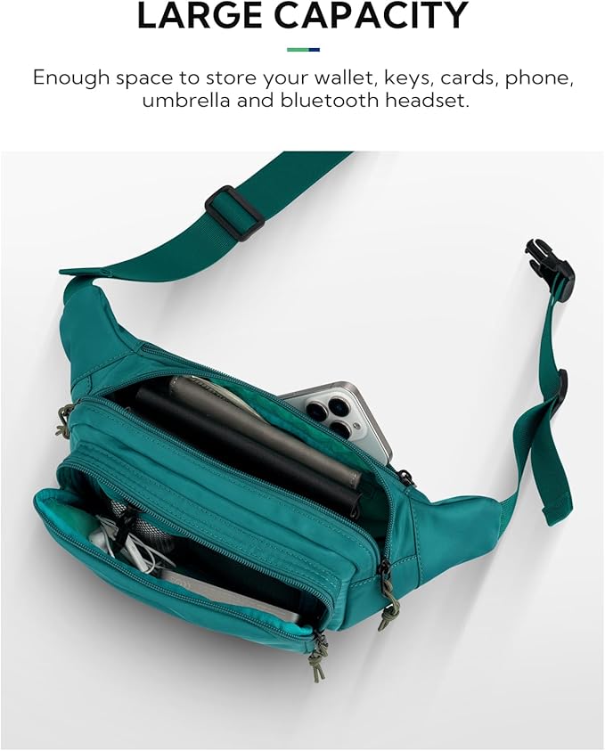 WATERFLY Fanny Pack Waist Packs: Large Crossbody Fanny Packs for Women Men with 5 Zipper Pockets Adjustable Strap Waist Bags Hip Pack for Traveling Cycling Running Hiking-Cyan