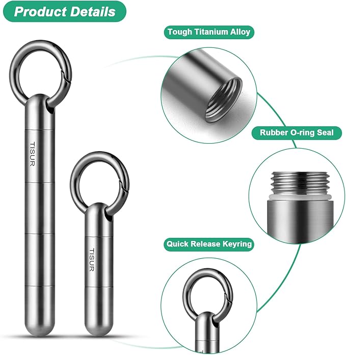 TISUR Large Keychain Pill Holder, Titanium Pill Case Waterproof Pill Fob for Travel Purse Pocket,Pill Organize