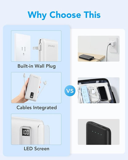 charmast Portable Charger with Built-in Cables and Plug, 10000mAh USB C Power Bank Fast Charging, External Battery Pack Slim, Travel Essentials Compatible with iPhones, Samsung Galaxy, iPad