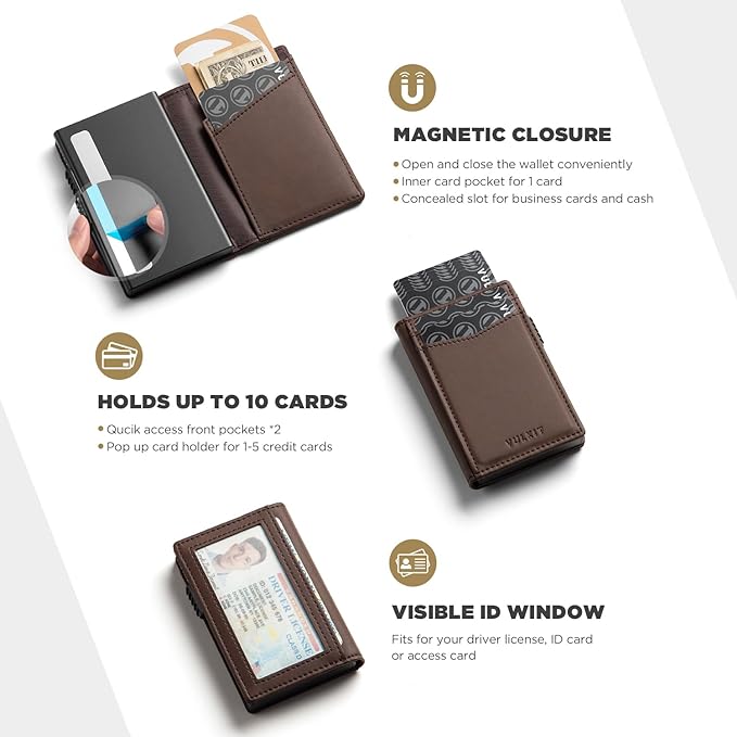 VULKIT Men's Wallet with ID Window Premium Leather Wallets RFID Blocking Minimalist Wallet Pop Up Card Holder Magnetic Closure