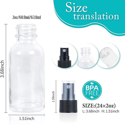 2oz Glass Spray Bottle, Fine Mist Boston Glass Bottles with Black Fine Mist Sprayer Small Clear Bottles for Essential Oils, Bath, Beauty, Hair & Cleaning, Clear, Pack of 24