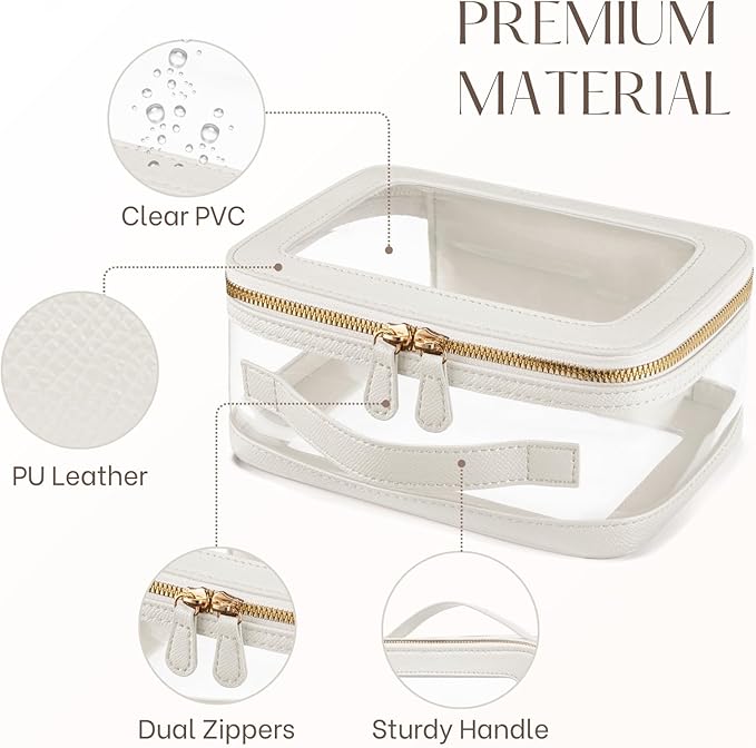 Clear Cosmetic Bag Set for Women Makeup Bag with Handle, 3 Pcs Travel Toiletry Bag Transparent Cosmetic Case Portable Make Up Organizer Bag for Essentials (White, Mini+S+L)