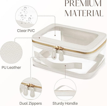 Clear Cosmetic Bag Set for Women Makeup Bag with Handle, 3 Pcs Travel Toiletry Bag Transparent Cosmetic Case Portable Make Up Organizer Bag for Essentials (White, Mini+S+L)