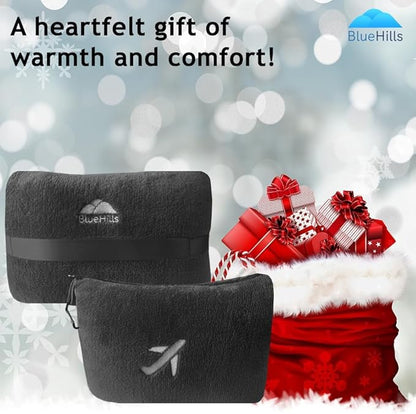 BlueHills Travel Blanket Pillow in Mini Soft Packable Case Premium Plush Airplane Blanket in Portable Compact Pack with Luggage Belt and Carabiner Long Flight Throw Essentials Lightweight- Black M05