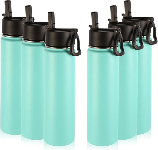 Volhoply 24oz Insulated Water Bottle With Straw Bulk 6 Pack,Metal Wide Mouth Water Bottles With Handle Lid Keep Cold,Reusable Double Wall Cups,Powder Coated Sport Bottle For Holder(Mint,6 Count)