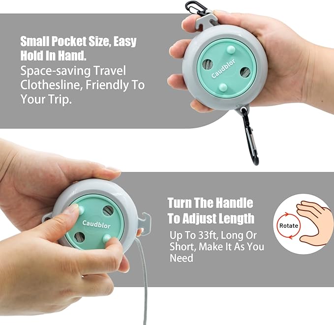 Portable Travel Clothesline Cord, Caudblor Adjustable 33ft Camping Clothes line, Laundry Drying Rope for Hotel Trip, Cruise, Outdoor/Indoor, with 12Pcs Stoppers, Windproof Clothespins