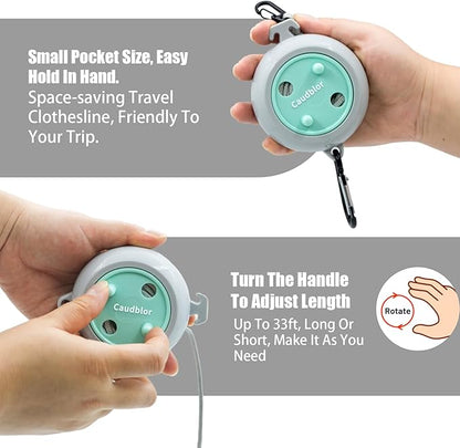 Portable Travel Clothesline Cord, Caudblor Adjustable 33ft Camping Clothes line, Laundry Drying Rope for Hotel Trip, Cruise, Outdoor/Indoor, with 12Pcs Stoppers, Windproof Clothespins