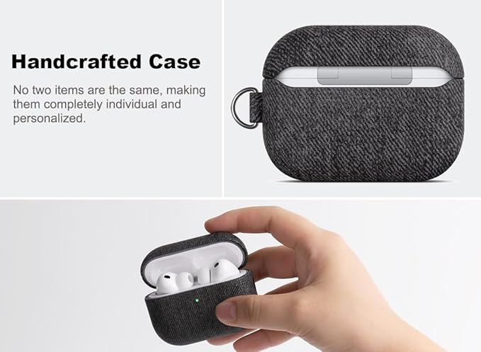 Handmade Case - for AirPods Pro 2 Case Cover with Key Chain - Selected Skin-Friendly Vegan Leather, Woolen Fabric Cloth Style, Shockproof Hard Cover for AirPods Pro 2nd Generation - Black