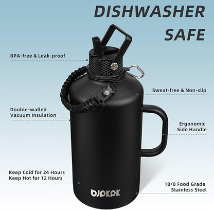 BJPKPK 1 Gallon Water Bottle Insulated with Straw Lid, 50oz, 64oz, 87oz, 128oz Large, Stainless Steel Water Bottles with 3 Lids and Paracord Strap, Double Wall Vacuum Metal Water Jug,Black