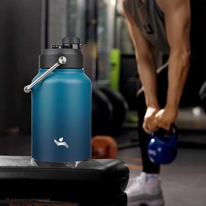 Half Gallon Jug with Handle,64 oz Insulated Water Bottle with Carrying Pouch,Double Wall Vacuum Stainless Steel Metal Bottle,Indigo Black