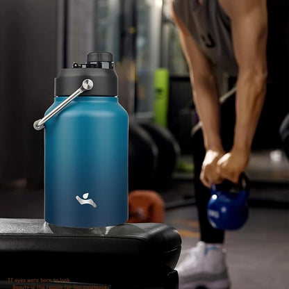 Half Gallon Jug with Handle,64 oz Insulated Water Bottle with Carrying Pouch,Double Wall Vacuum Stainless Steel Metal Bottle,Indigo Black