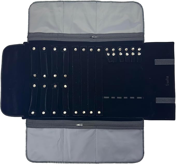 UnionPlus Velvet Travel Jewelry Case Roll Bag Organizer for Necklace Bracelet Earrings Ring, 6 PVC Pockets, Black Upgrade Version