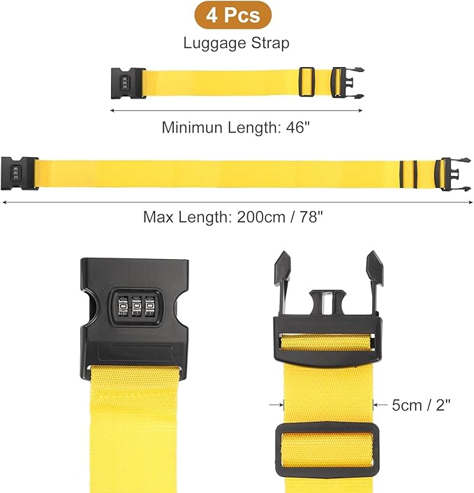 MECCANIXITY Luggage Straps with Combination Lock Adjustable Suitcase Belt Strap for Suitcase Briefcase Backpack Travel, Yellow, Pack of 4