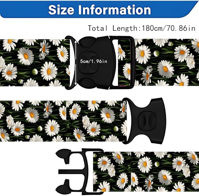 2PC,Daisy Flower Luggage Strap 1.97 x 70.84 inch White Floral Design Adjustable Suitcase Belt Durable Nylon Baggage Identifier for Elegant Travel Accessory
