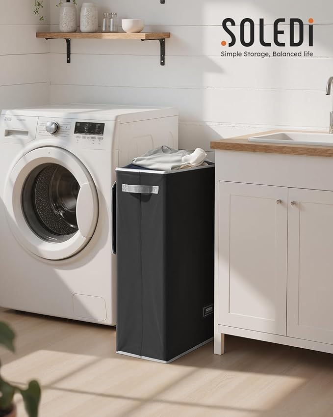 SOLEDI Slim Laundry Hamper with Lid, Narrow Laundry Basket with Removable Bags, Dirty Clothes Hamper with handle, Small Hamper perfect for Laundry room, Bathroom, Bedroom, Small spaces. 70L Black