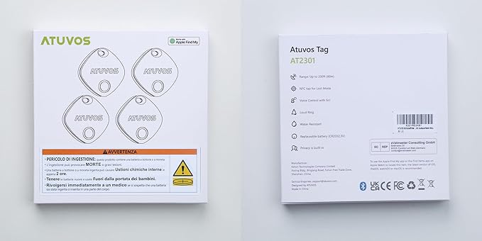 ATUVOS Air Tracker Tags-4 Pack, Bluetooth Luggage Tracker Works with Apple Find My APP (iOS Only, Not for Android), Keys Finder and Item Locator for Luggage, Backpack, Suitcases, Replaceable Battery