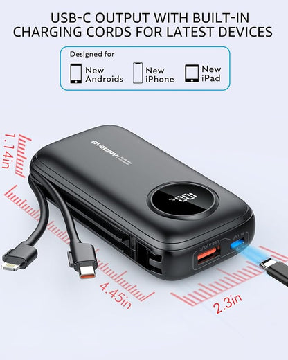 AYEWAY 10,000mAh Mini Portable Charger with Built-in Cable,USB C Fast Charging Power Bank with 4 outputs,External Battery Pack Phone Charger for iPhone,Samsung,Android,5V USB Heated Vest,Heated Jacket