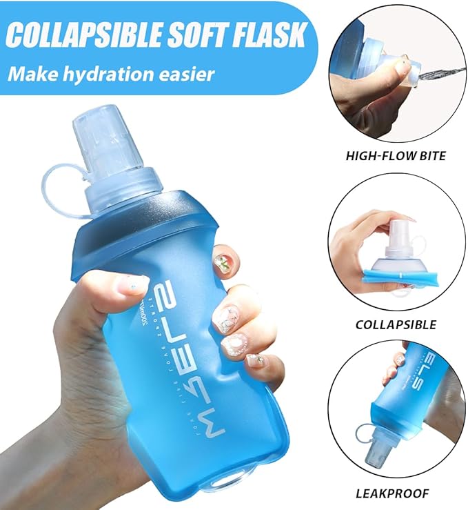 200ml/350ml/500ml Collapsible Soft Flask,BPA Free Folding Soft Water Bottle with Hanging Ring,Lightweight TPU Hydration Flask for Running Marathon Cycling Hiking(500ml-2 Packs)