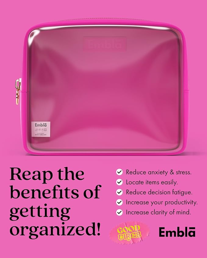 Embla Clear Cosmetic Bag Makeup Case, Clear Zipper Make Up Pouch and Toiletry Travel Tote, Cute Skincare Pouches for Women Girls, Preppy Purse Cosmetic Organizer, Large Makeup Bags, Fuchsia