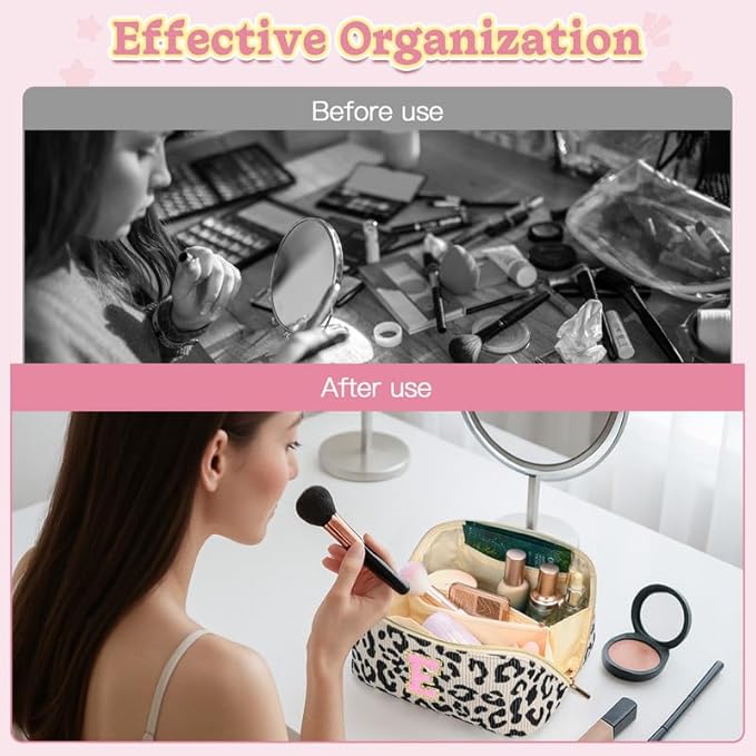 Personalized Travel Makeup Bag Set,Initial Travel Cute Leopard Makeup Organizer Bag,Toiletry Skincare Cosmetic Bag,Christmas Gifts for Women/Girls,Open Flat Toiletry Pouch with Brush Pocket-V