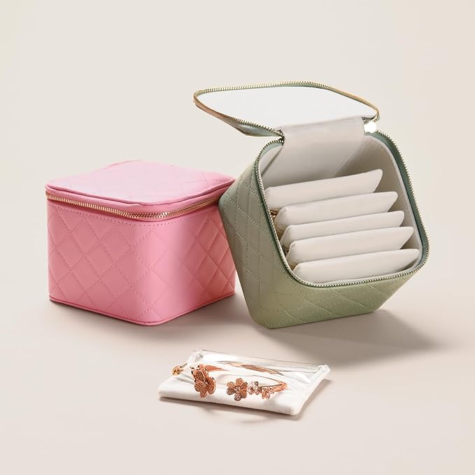 Travel Jewelry Box Organizer - Small Jewelry Case with 6 Small Velvet Zipped Pouches Pockets for Jewelry Necklaces Rings Earrings Storage(Pink)