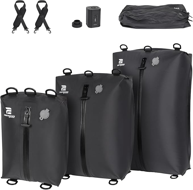 3 Pack Vacuum Bags for Travel with Pump, 3-Size Set Reusable Vacuum Compression Bags for Luggage, Space Saver IP67 Waterproof Vacuum Packing Cubes for Suitcase&Backpack, Black