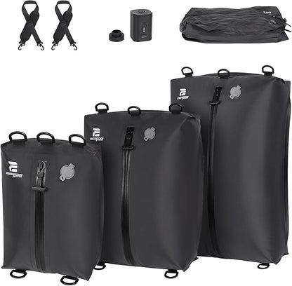 3 Pack Vacuum Bags for Travel with Pump, 3-Size Set Reusable Vacuum Compression Bags for Luggage, Space Saver IP67 Waterproof Vacuum Packing Cubes for Suitcase&Backpack, Black