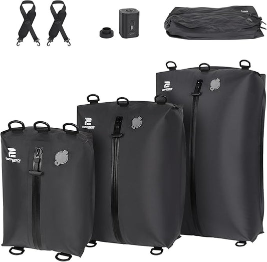 3 Pack Vacuum Bags for Travel with Pump, 3-Size Set Reusable Vacuum Compression Bags for Luggage, Space Saver IP67 Waterproof Vacuum Packing Cubes for Suitcase&Backpack, Black
