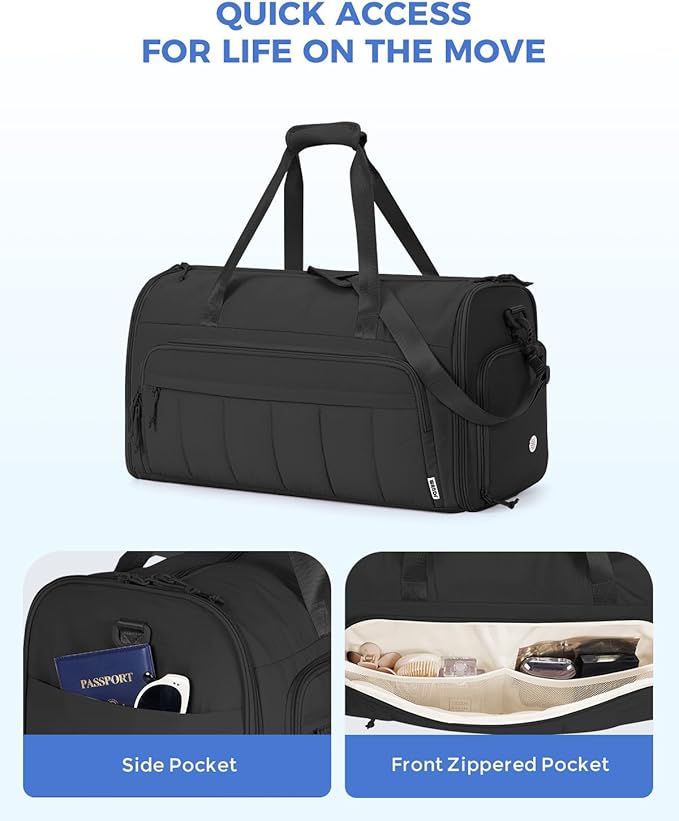 WANDF Convertible Garment Bags for Travel with Wet Pocket Carry on Garment Duffle Bag 2 in 1 Puffy Hanging Clothes Travel Bags with Shoe Compartment for Airplanes Business Weekend Gym Wedding (Black)