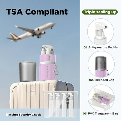 YOTIME 4in1 Travel Bottles Set, Vacuum Silicone Suction Cup for Smooth Walls, TSA Approved Leak Proof Travel Size Containers for Toiletries, Shampoo, Body Wash and Conditioner, Pink