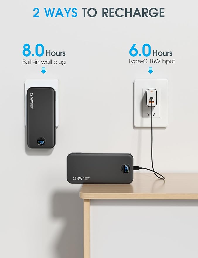 Portable Charger Power Bank, 20000mAh 22.5W USB C Fast Charging with Built-in Cables & Wall Plug, External Battery Bank with LED Display, Travel Essential for iPhone, iPad, Samsung Black