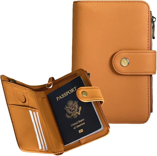 Full Grain Leather Passport Wallet, RFID Blocking Passport Holder with Tracker Slot, Multi Compartment Travel Wallet for Women & Men, Secure Passport Cover Case for Airport Essentials (Brown)