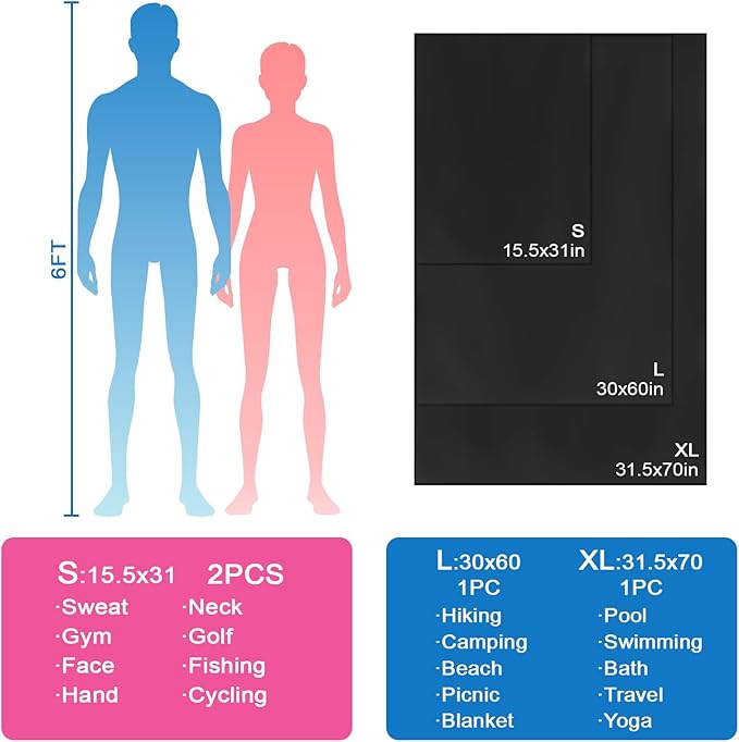 Camping Towel Microfiber Quick Dry Hiking Beach Swimming Pool Travel Body Towels(Black, 1 Pack XL)