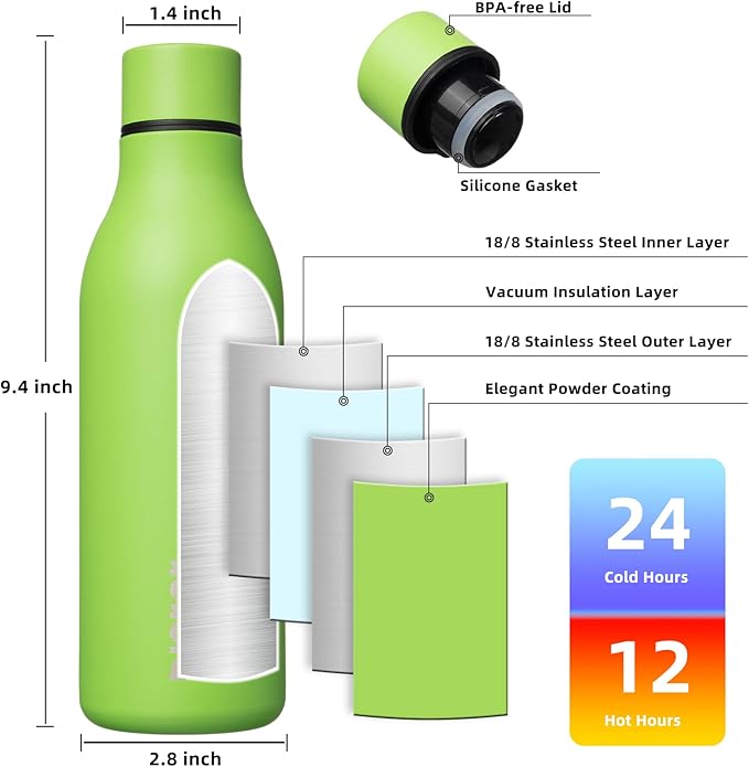 BJPKPK Insulated Water Bottles, 18 oz Stainless Steel Metal Water Bottle with Strap, BPA Free Leak Proof Jugs, Mugs, Flasks, Reusable Thermal Flasks for Sports & Travel, Green