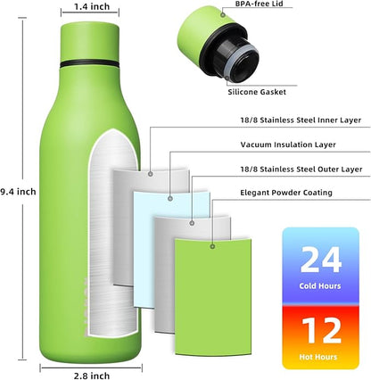 BJPKPK Insulated Water Bottles, 18 oz Stainless Steel Metal Water Bottle with Strap, BPA Free Leak Proof Jugs, Mugs, Flasks, Reusable Thermal Flasks for Sports & Travel, Green