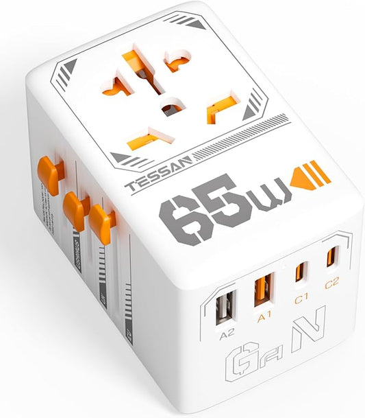 TESSAN Universal Travel Adapter, 65W GaN International Plug Adaptor with 4 USB(2 USB C) Charging Ports, Worldwide Power Outlet for US to European EU UK AUS Ireland(Type C/G/A/I)