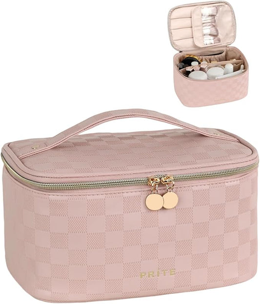 Prite Makeup Bag Portable Cosmetic Organizer with Brush Holder Waterproof Travel Toiletry Bag for Women with Handle and Divider (Checkered Pink)