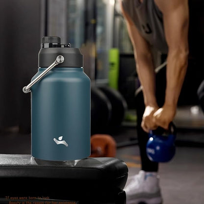 Half Gallon Jug with Handle,64 oz Insulated Water Bottle with Carrying Pouch,Double Wall Vacuum Stainless Steel Metal Bottle,Navy blue